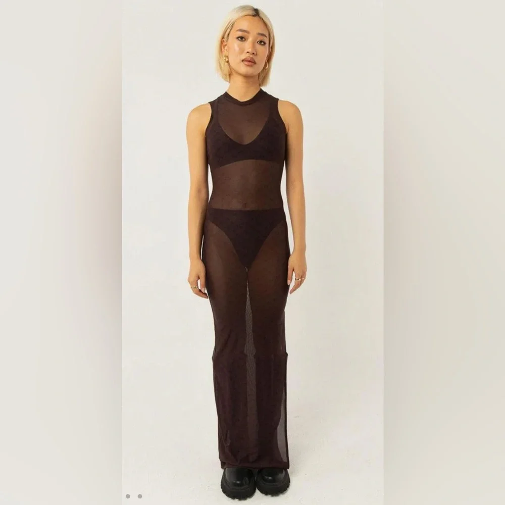 Peppermayo Brown w/ Black Signature Logo Sheer Maxi Sleeveless Dress Size 8